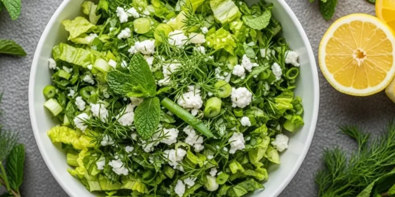 Maroulosalata Greek lettuce salad with fresh romaine, dill, and scallions in white bowl with lemon olive oil dressing