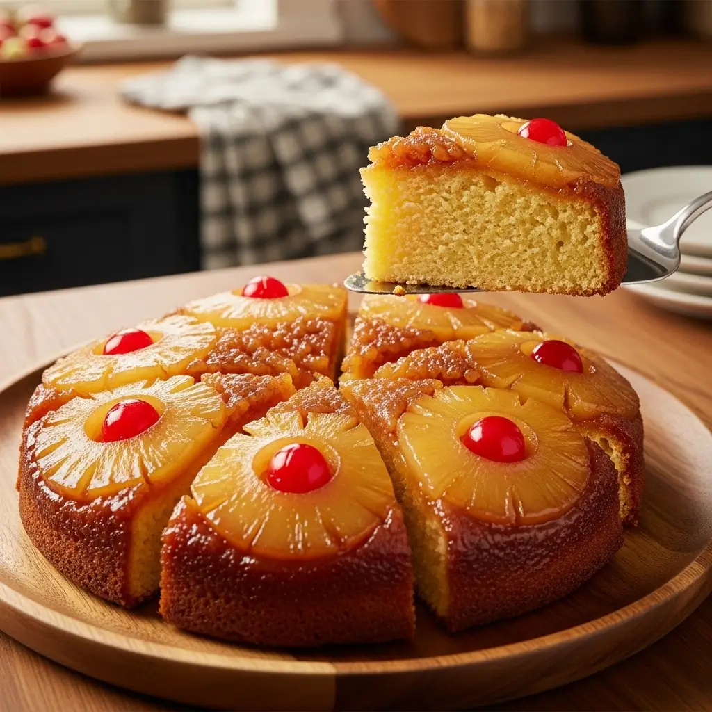 Sliced pineapple upside down cake recipe showing moist cake texture and caramelized topping