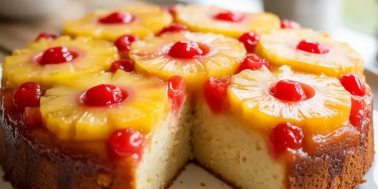 Pineapple upside down cake recipe with caramelized pineapple slices and cherries on a white plate