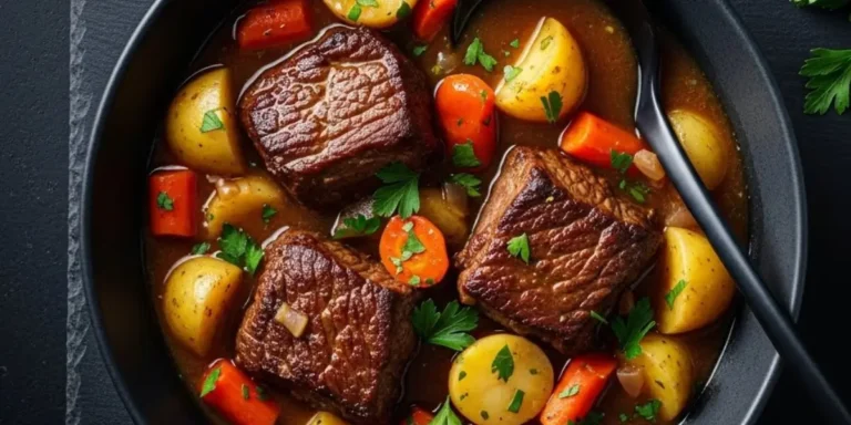 Slow cooker beef stew with tender beef chunks, potatoes, and carrots in rich brown gravy served in black bowl