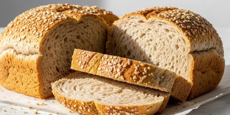 Whole wheat bread recipe with freshly baked loaf sliced on a wooden board