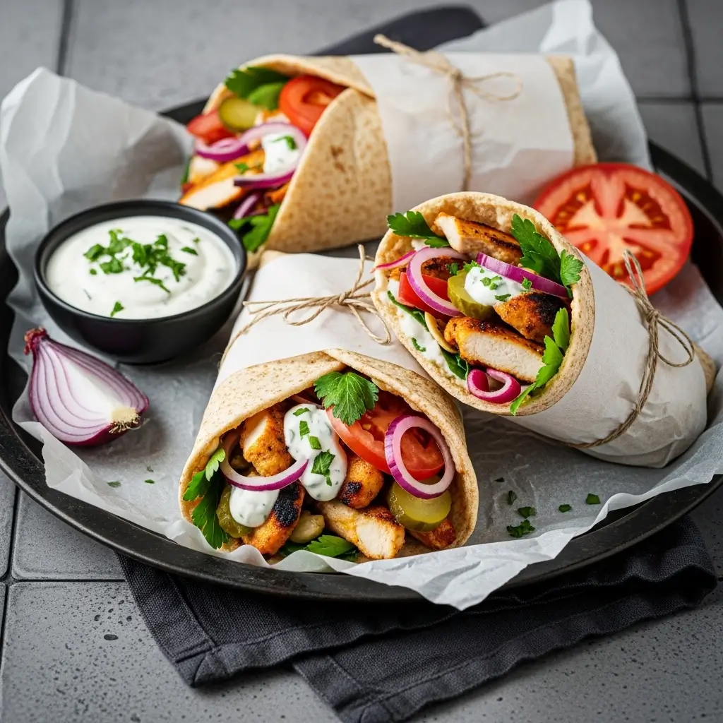 Chicken Shawarma Wraps with Garlic Sauce on Tray