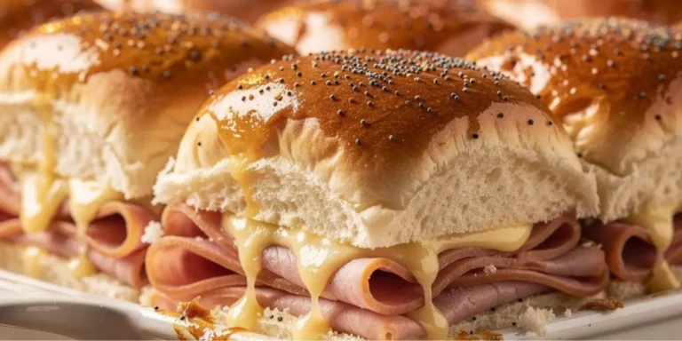 Golden brown baked ham sliders with melted Swiss cheese and poppy seed glaze.