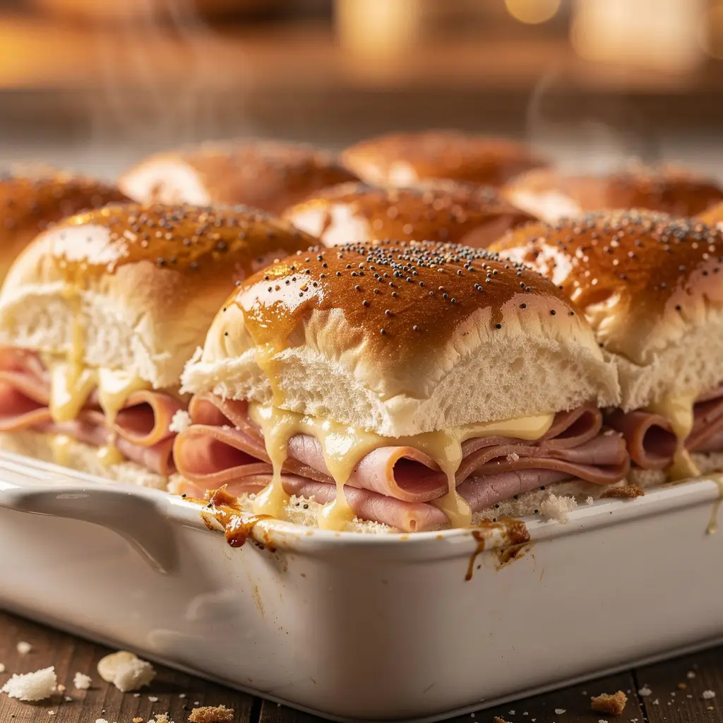 A hand pulling a warm ham slider with melted cheese from a serving board.