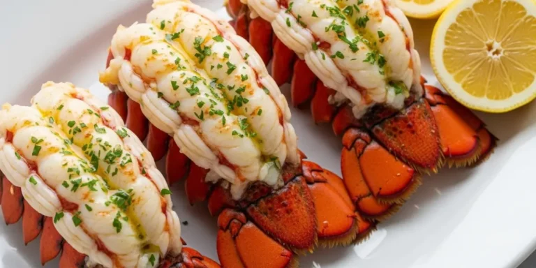 Close-up of a perfectly broiled lobster tail recipe with garlic butter sauce and parsley on a wooden board.