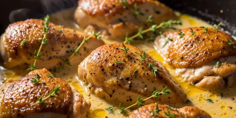Slow cooker lemon herb chicken in creamy sauce with fresh thyme and lemon slices