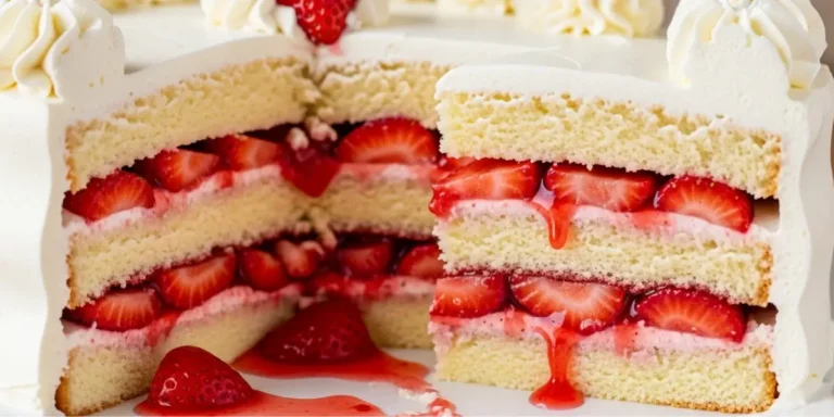 Strawberry Earthquake Cake in glass baking dish with cream cheese swirls and cracked gooey strawberry top