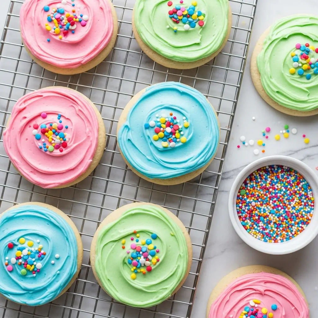 Pastel frosted sugar cookies with sprinkles on marble surface