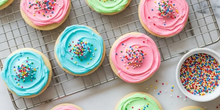 Pastel frosted sugar cookies with rainbow sprinkles on cooling rack