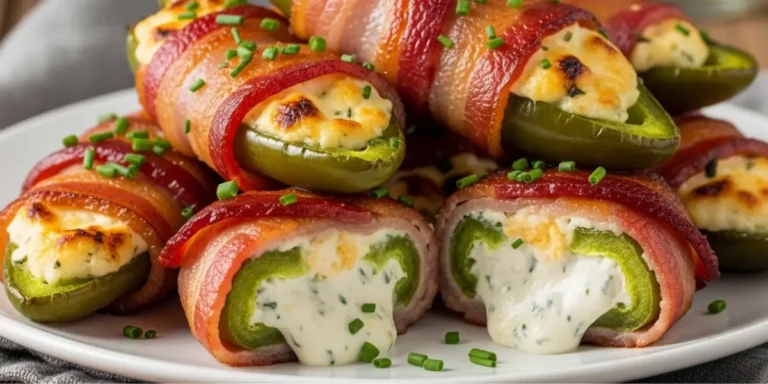 Crispy bacon wrapped jalapeno poppers with creamy cheese filling on a wooden board