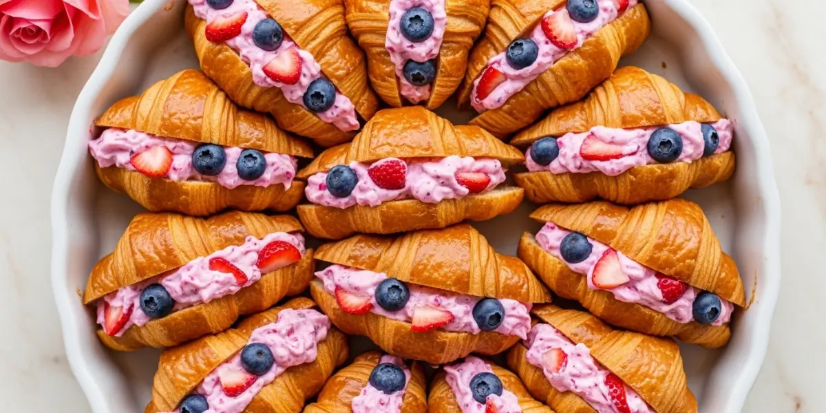 Flaky berry stuffed croissants on a rustic table with fresh mixed berries for breakfast