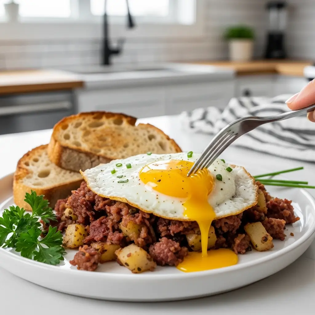 Plated Corned Beef Hash Recipe with Fried Egg