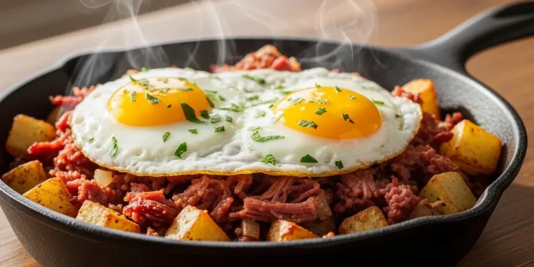 Crispy Corned Beef Hash Recipe with Eggs in Cast Iron Skillet