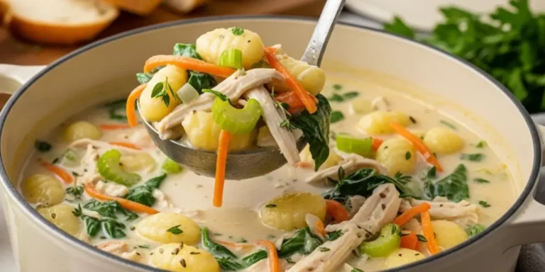 Creamy chicken gnocchi soup in a white bowl with spinach carrots and pillowy gnocchi