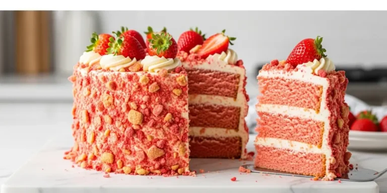 Strawberry crunch cake with pink layers and golden Oreo crumble topping on marble surface