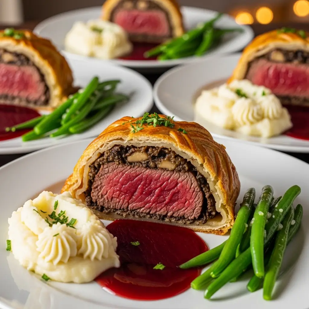 Beef wellington recipe servings plated with mashed potatoes and green beans