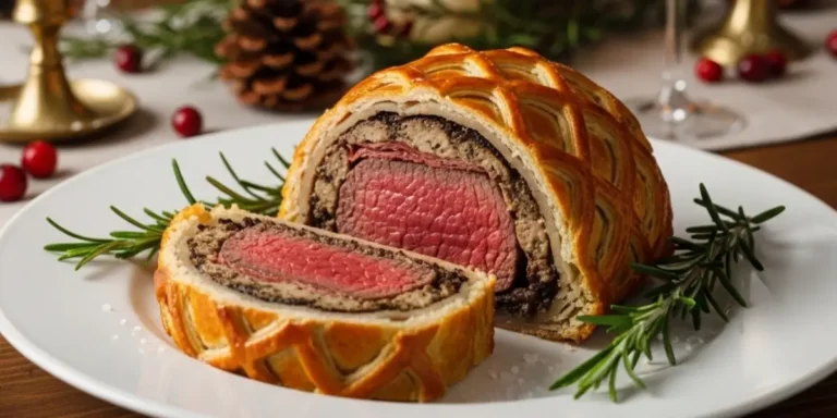 Beef wellington recipe sliced open with beef tenderloin and golden puff pastry