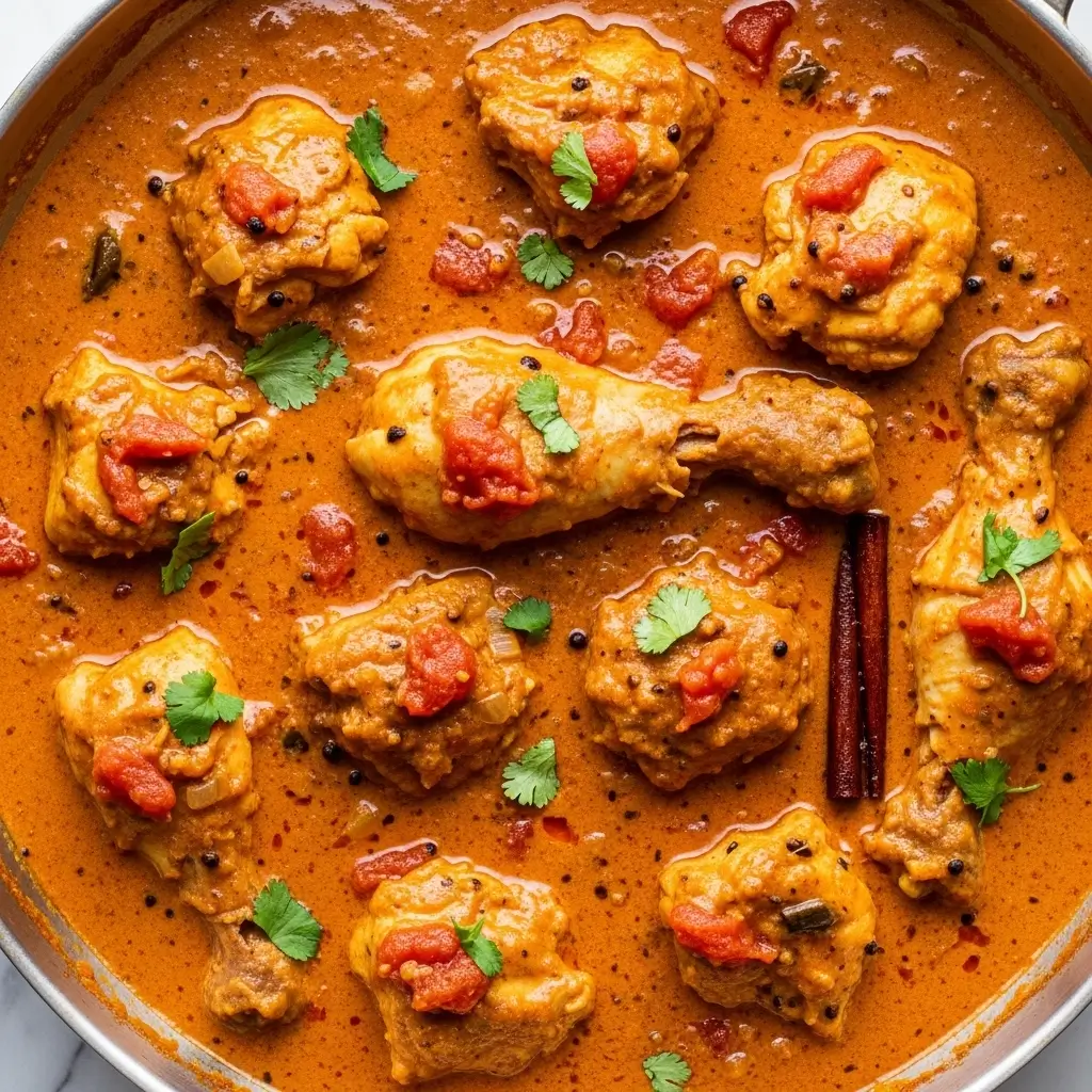 Creamy homemade butter chicken recipe served with naan and rice