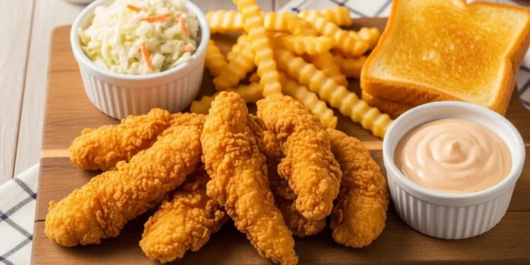 Copycat Raising Cane's Chicken fingers served with Cane's sauce, fries, and Texas toast on a wooden board