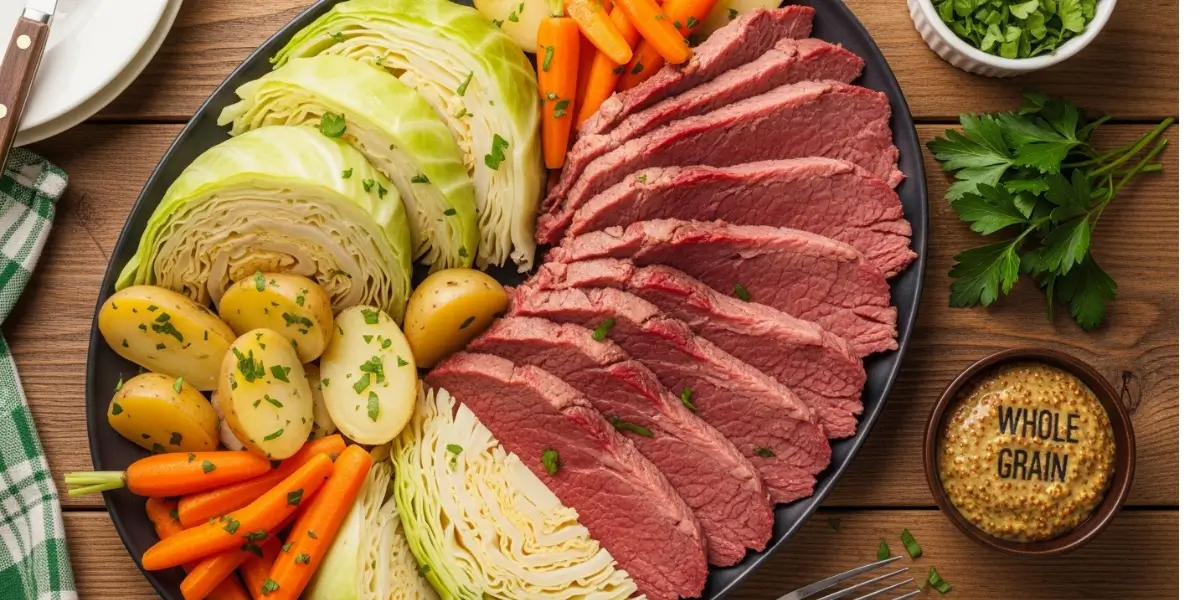 Sliced corned beef and cabbage platter with potatoes and carrots for St Patrick's Day dinner