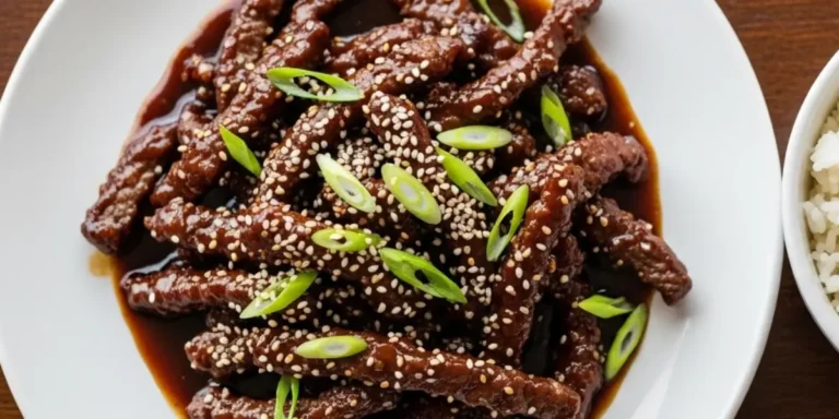 Crispy Mongolian beef recipe served with green onions and jasmine rice