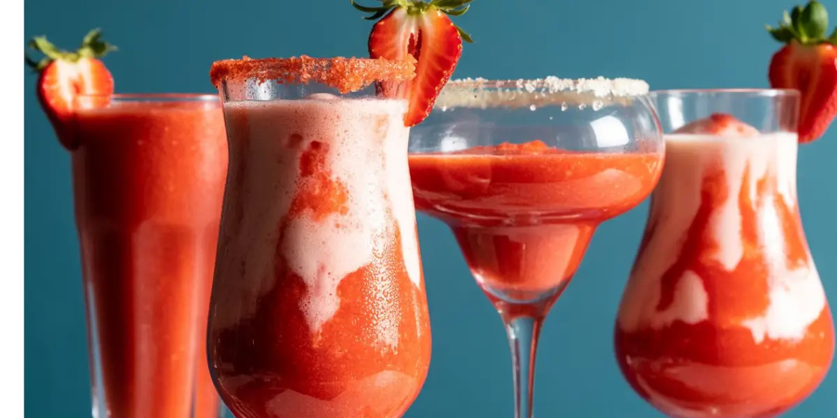 Frozen Strawberry Daiquiri in a Cocktail Glass Garnished with Fresh Strawberry and Lime
