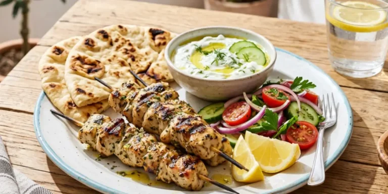 Greek Chicken Souvlaki served with pita and tzatziki
