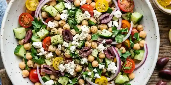 Greek Chickpea Salad with feta, cucumbers, tomatoes, and olives in a white bowl
