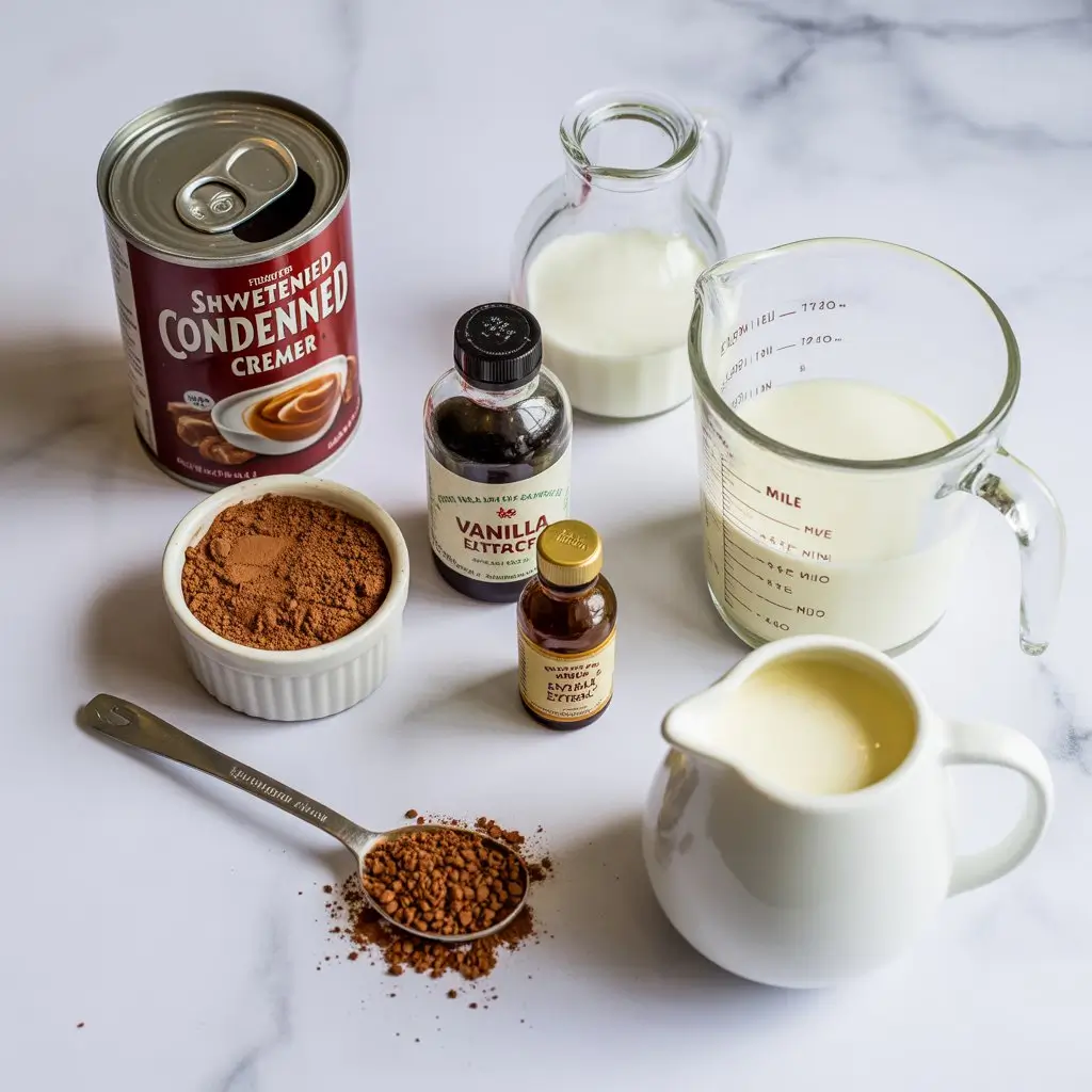 Ingredients for homemade Irish Cream Coffee Creamer recipe laid out on a marble countertop