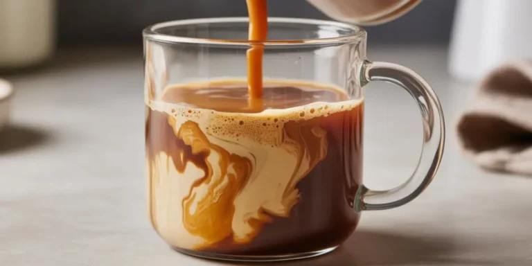 Homemade Irish Cream Coffee Creamer in a glass bottle next to a steaming cup of coffee
