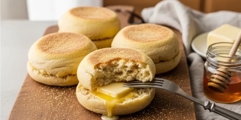 Fork-split sourdough English muffin recipe showing nooks and crannies with melting butter on a rustic wooden cutting board