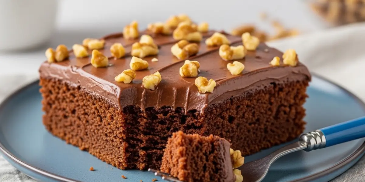 Texas sheet cake recipe with chocolate frosting and pecans in baking pan