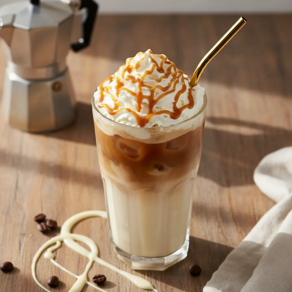 Venti iced white mocha recipe served in a tall clear glass with whipped cream and caramel drizzle on a rustic wooden table
