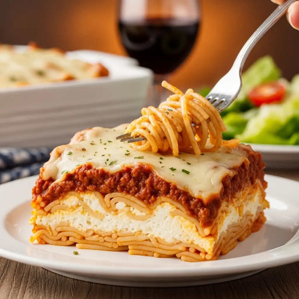 A single serving of cheesy baked spaghetti recipe on a white plate