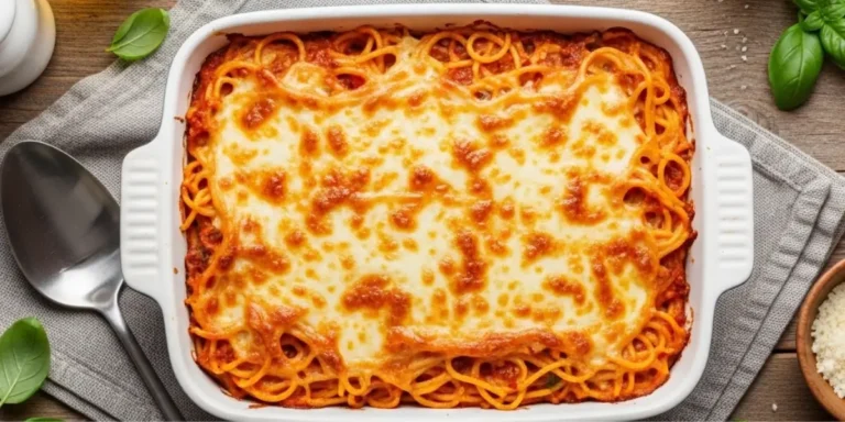Easy baked spaghetti recipe with melted mozzarella cheese in a casserole dish