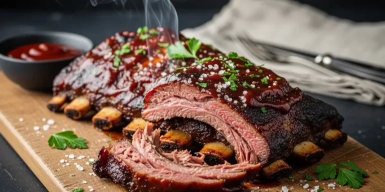 Perfect fall off the bone beef ribs recipe on a rustic cutting board