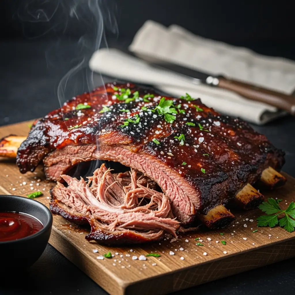 Plated beef ribs recipe served with coleslaw and cornbread