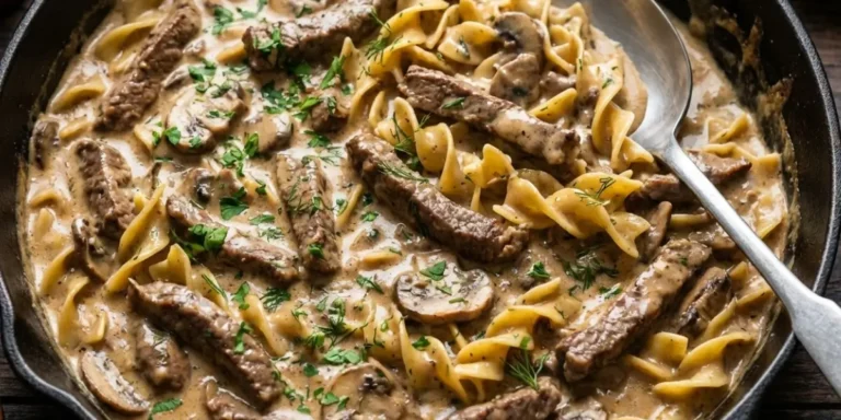 Creamy beef stroganoff recipe served over egg noodles in a rustic bowl