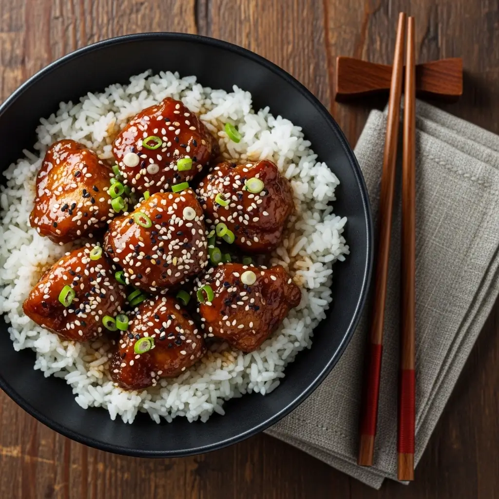 Four servings of bourbon chicken recipe plated over rice on a family dinner table