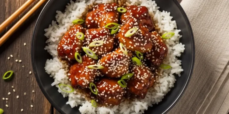 Bourbon chicken recipe served over white rice in a dark bowl with sesame seeds and green onions