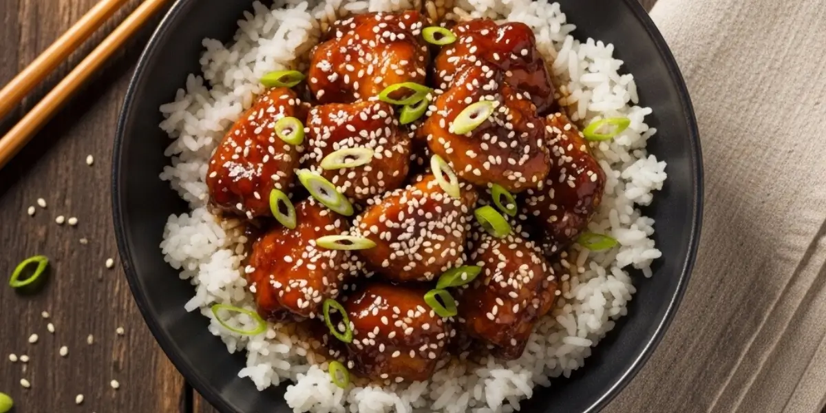 Bourbon chicken recipe served over white rice in a dark bowl with sesame seeds and green onions