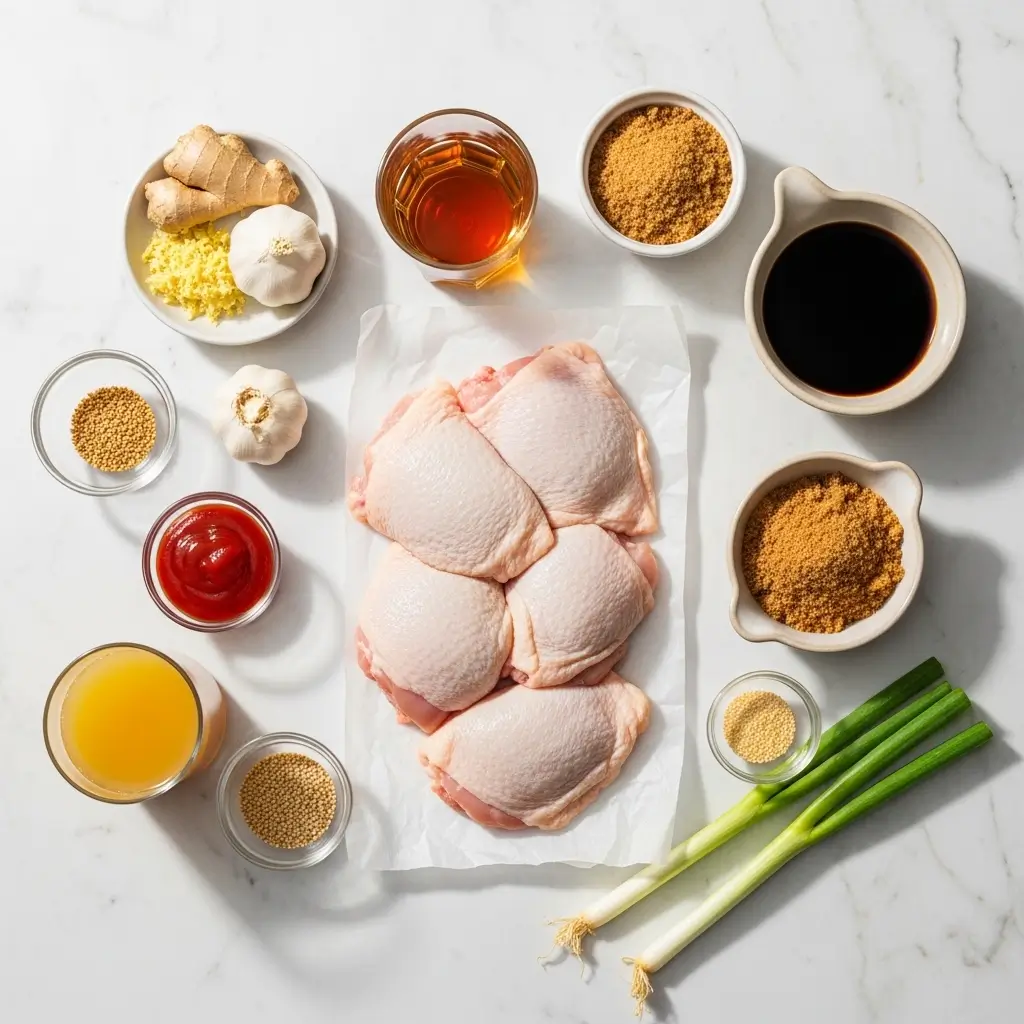 All ingredients needed for a bourbon chicken recipe laid out on a marble surface