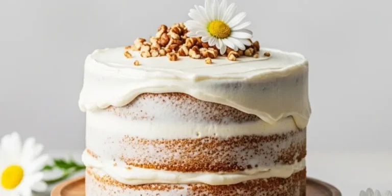 carrot cake recipe​ with cream cheese frosting on a rustic cake stand topped with chopped nuts and daisies