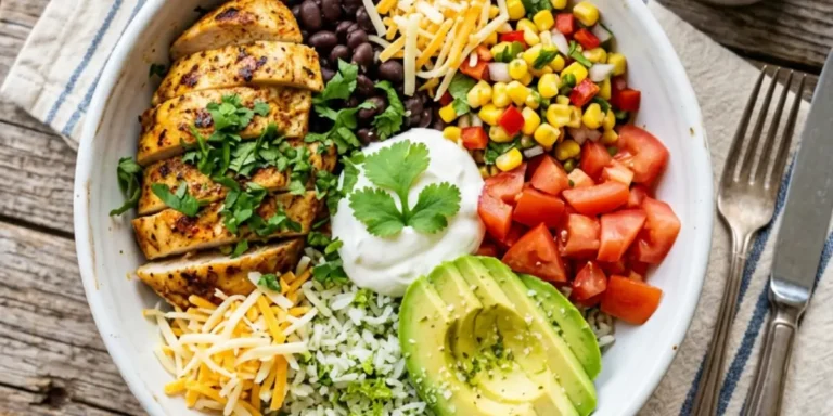 Homemade chicken burrito bowl with cilantro lime rice, black beans, corn, avocado, and fresh toppings in a white bowl