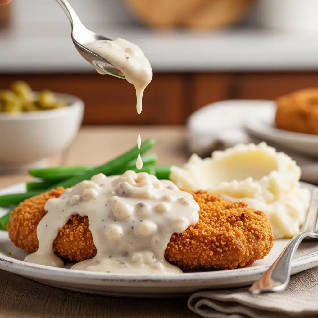 Two servings of chicken fried steak recipe with white gravy, mashed potatoes, and green beans