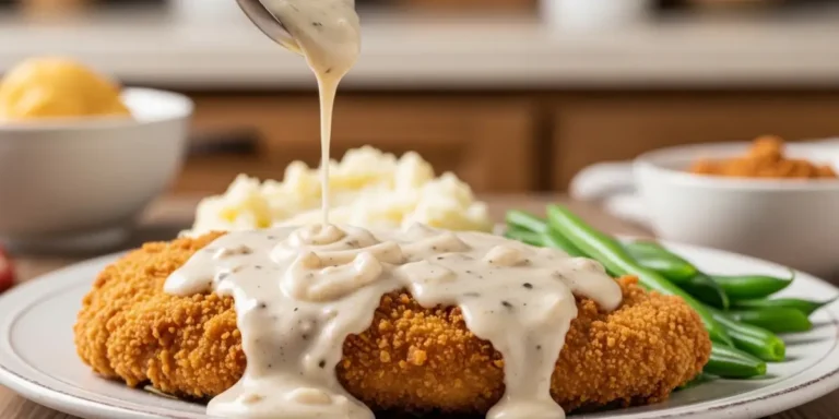 Crispy chicken fried steak recipe with creamy white pepper gravy served with mashed potatoes and green beans