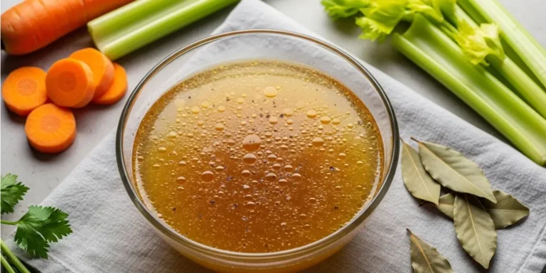golden homemade chicken stock Recipe simmering in a pot on the stove