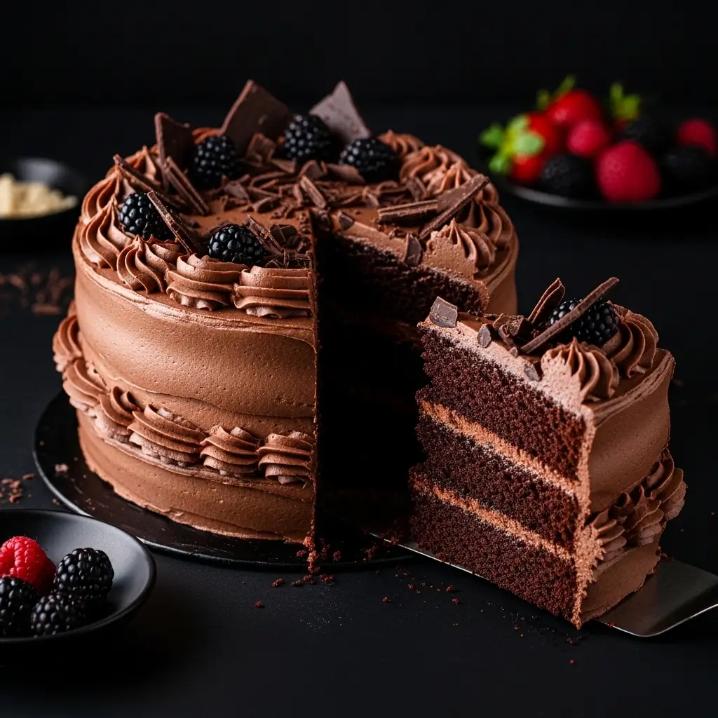 Ingredients for the best chocolate cake recipe arranged in bowls on a marble countertop