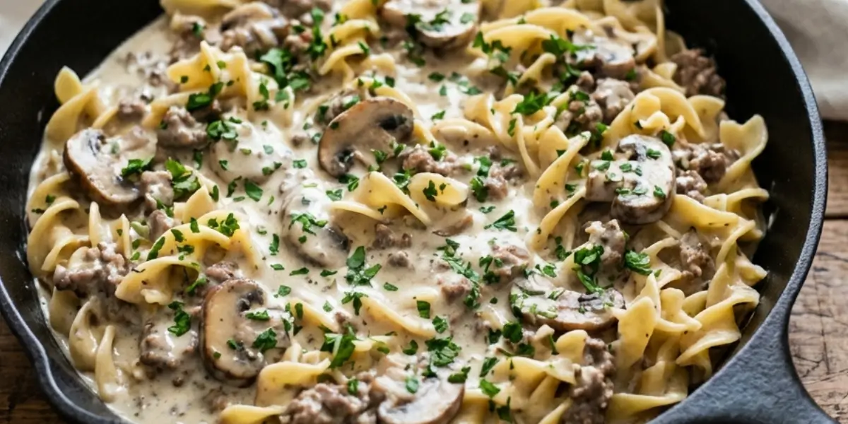 A hot bowl of homemade ground beef stroganoff Recipe served over egg noodles with fresh parsley garnish.