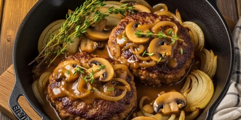 Juicy hamburger steak recipe smothered in brown mushroom onion gravy in a cast iron skillet